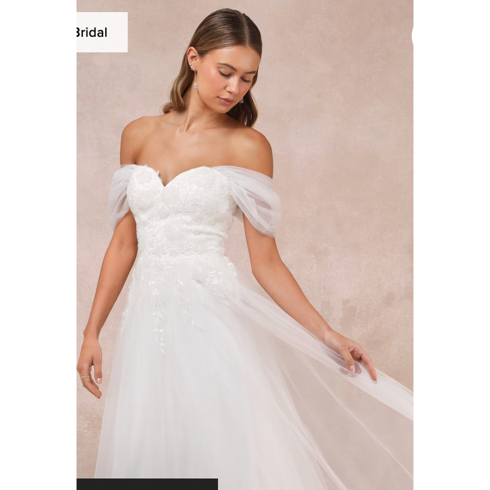 Lulus Blissfully Romantic White Tulle Off-the-Shoulder Maxi Dress Sz L #0513 - Picture 4 of 6